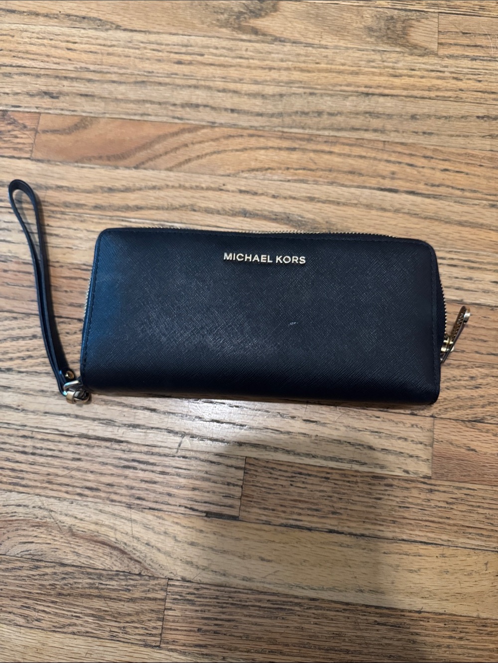Michael Kors Black Zip-Around Wristlet Wallet with Gold Logo